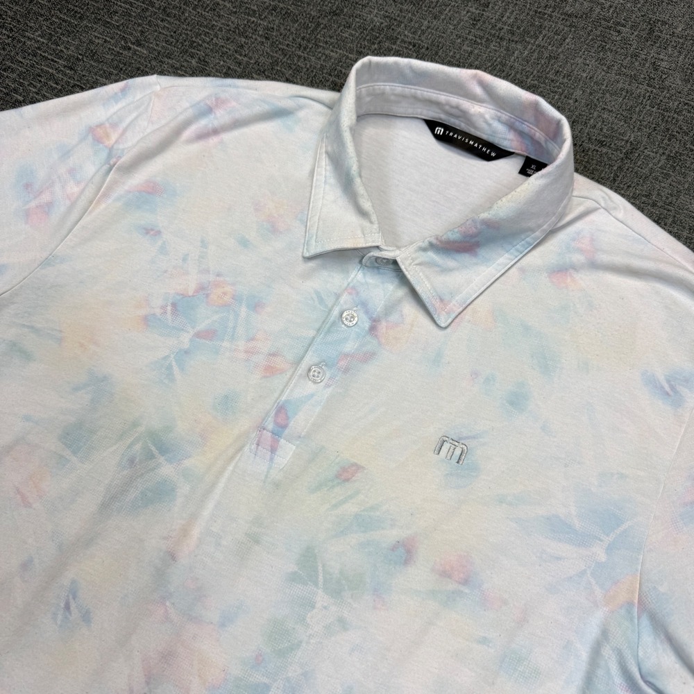 Travis Mathew Polo Shirt Mens XL Tie Dye Short Sleeve Pastel Golf Blue Pink